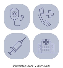 Collection of health-related icons with stethoscope, telephone, syringe, and medical facility. Services in healthcare concept