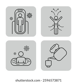 Collection of health-related icons with various wellness therapies such as cryotherapy, hydrotherapy, and more. Methods to promote well-being and recovery concept