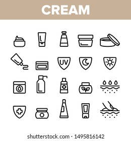 Collection Healthy Cream Elements Vector Icons Set Thin Line. Healthcare Cream In Tube And Container Concept Linear Pictograms. Day And Night Skin Protection Monochrome Contour Illustrations