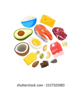 Collection of healthy fats in a circle in flat style. Collection of Healthy food which is rich in fat.