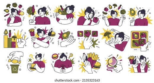 Collection healthy food compositions. Fast-food or vegetables. Choosing the Right Nutrition. Refusal of sweet and junk food. Flat style icons in vector illustration. Isolated elements.
