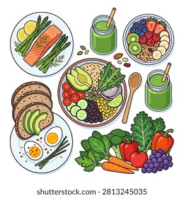 A collection of healthy food illustrations featuring salmon with asparagus, avocado toast with eggs, colorful salad bowls, smoothies, fruits, and vegetables.