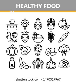 Collection Healthy Food Vector Thin Line Icons Set. Vegetable, Fruit And Meat Healthy Food Linear Pictograms. Strawberry And Orange, Blueberry And Pumpkin, Eggs And Fish Black Contour Illustrations