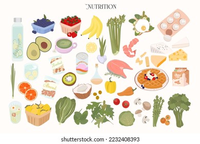 Recolección de alimentos saludables, nutrición sana. Comida ecológica, comida ecológica. Ilustración vectorial editable.