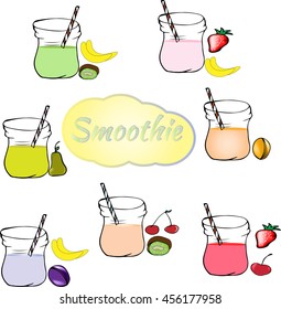 Collection of healthy fruit smoothies in Doodle style. Fresh juice for healthy life. 