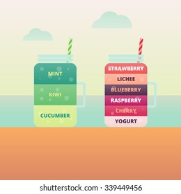 Collection of healthy fruit smoothies in flat style. Fresh juice for healthy life. Menu element for cafe or restaurant. 