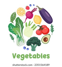 Collection of healthy fruits and vegetable.Vector illustration on white background.