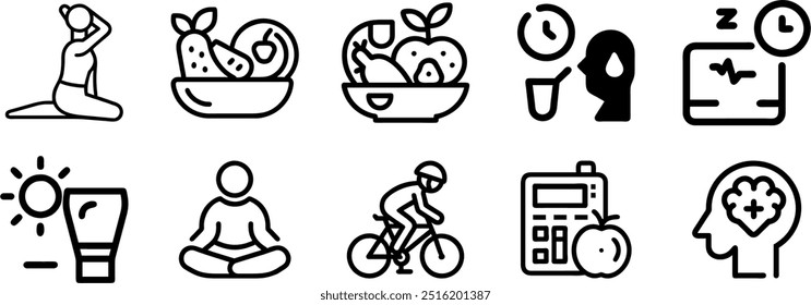 Uma coleção de ícones de hábitos saudáveis representando práticas essenciais de bem-estar, como lembrete de hidratação, rastreador do sono, alimentação saudável, passos diários, pose de ioga, saúde mental, contador de calorias