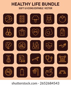 Collection of healthy lifestyle icons representing wellness, fitness and dietary habits, designed with rounded corners