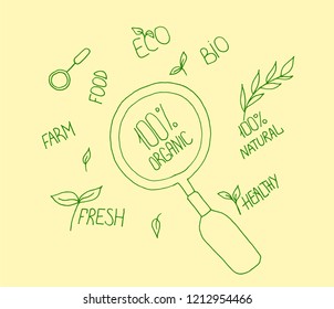 Collection of healthy organic food labels, organic products packaging on color background. eco, organic, bio logos or signs. Vegan, raw, healthy food badges. Hand Drawn Vector Illustration.