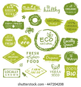 Collection of healthy organic food labels, logos for restaurants, vegan cafe, farm market and organic products packaging