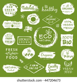 Collection of healthy organic food labels, logos for restaurants, vegan cafe, farm market and organic products packaging