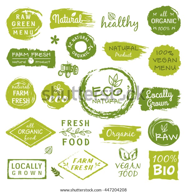 Collection of
healthy organic food labels, logos for restaurants, vegan cafe,
farm market and organic products
packaging