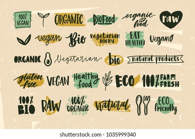 Collection of healthy organic food and natural vegan and vegetarian eco products lettering handwritten with calligraphic fonts. Bundle of hand drawn labels or tags. Creative vector illustration.