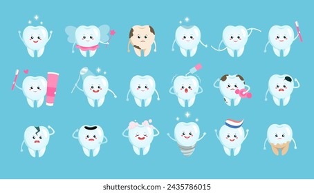 Colección de dientes lindos sonrientes saludables, higiene dental, conjunto de personajes de diseño de dibujos animados. Salud dental. Medicina oral, limpieza de la boca. Fondo azul. Ilustración de vector