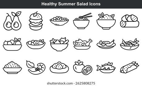 Collection of healthy summer salad icons and illustrations with line art style
