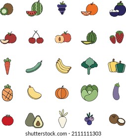 A collection of healthy vegetables and fruits vector icons, Fresh vegetables and fruits cartoon icons. kiwi, watermelon, grape, cherry, durian, carrot, broccoli, pumpkin, avocado. Vector illustration