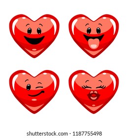 Collection of heart characters with different emotions in cartoon style on white background