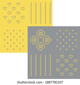 Collection of heart and dotted pattern icons isolated on a contrasting background. Yellow and gray  wrapping paper vector outline icons set  