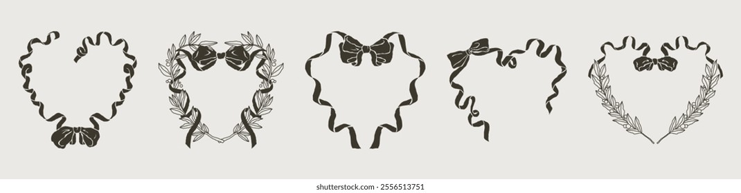  Collection of heart frames with bow and ribbons in vintage rococo style. Victorian aesthetic.Hand-drawn line borders for Valentine's Day cards, wedding invitations, romantic messages or event details
