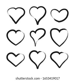 Collection heart hand drawn grunge icons of black color isolated on white background. Elements for Valentine's day. Vector illustration.