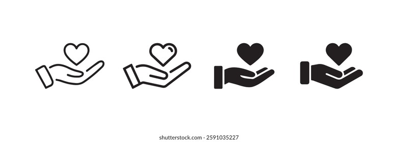 Collection of heart in hand icons representing love care support and charity ideal for donation kindness healthcare and social welfare projects