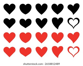 Collection of heart icons in black and red colors. Set of heart icons black and red love symbols for valentine's day, weddings, romantic, greeting cards, logos and decorations. Vector illustration.