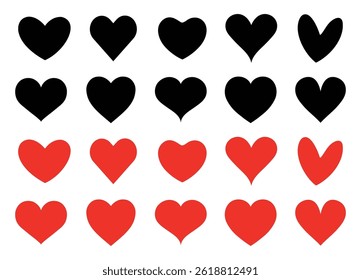 Collection of heart icons in black and red colors. Set of heart icons black and red love symbols for valentine's day, weddings, romantic, greeting cards, logos and decorations. Vector illustration.