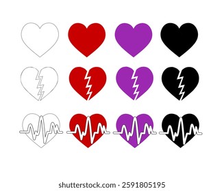 A collection of heart icons in different styles solid, broken, and heartbeat designs. Includes red, purple, black, and outline variations. Perfect for love, health, and emotions.