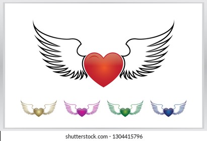 Collection of heart icons. Five hearts with open wings on a white background