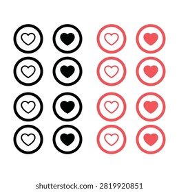 Collection of heart icons inside circular buttons in black and red. Symbols of love and affection. Perfect for design, dating apps, and romantic themes.