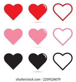 Collection of Heart icons on white background vector illustration. I love you symbol. Happy Valentine's Day. Love symbol 
icon set with Solid and Outline Hearts. Health care, wedding, like symbol.