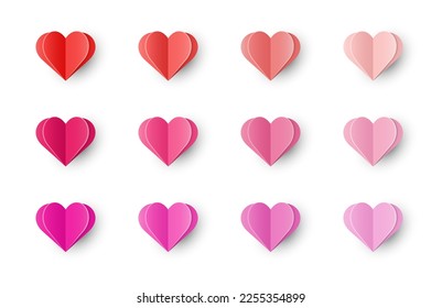 Collection of heart icons.  Paper cut decoration for Valentine’s Day, Mother’s Day and Women’s Day. Vector illustration