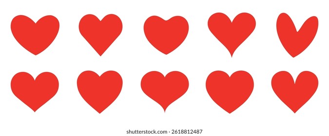 Collection of heart icons in red colors. Set of heart icons red love symbols for valentine's day, weddings, romantic, greeting cards, logos and decorations. Vector illustration.