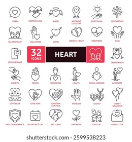 A collection of heart icons in various styles and sizes. Collection of emotional icons based in heart. Emotion, wellbeing, celebration, relationship, honesty, kindness