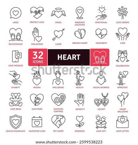 A collection of heart icons in various styles and sizes. Collection of emotional icons based in heart. Emotion, wellbeing, celebration, relationship, honesty, kindness