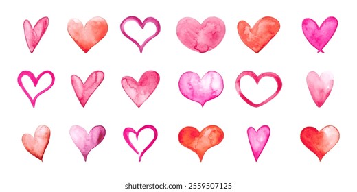 Collection of Heart Icons in Watercolor Style. Hand painted love signs perfect for decorating cards, banners. Mother's day, Valentine's Day cute ornaments.