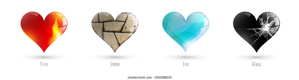 Collection of heart illustrations, love symbol icons set. Hearts of different textures - gloss, stone, ice, glass. Vector design. 