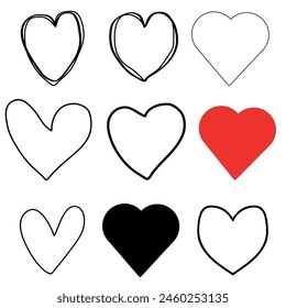 Collection of heart illustrations,Hand drawn hearts.red and black Vector symbol icon set.black and white.illustration design.