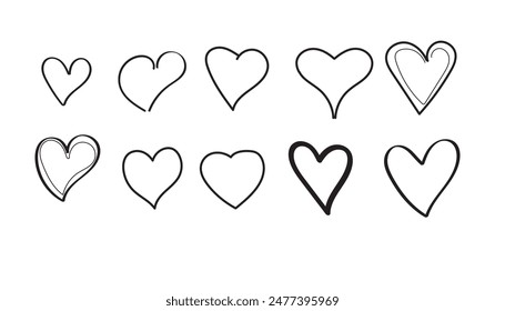 Collection of heart illustrations,Hand drawn hearts.Vector symbol icon set.black and white.eps 10.