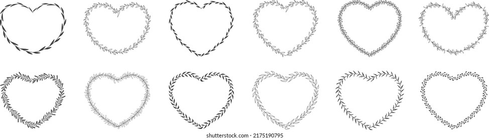 Collection of heart shape leaf wreath element decorative design for invitation card template  