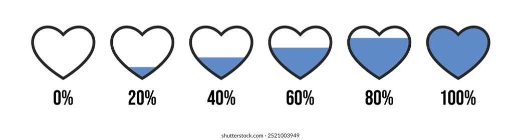 Collection of Heart shape loading progress indicator illustration. Progress bar, level indicator for potion and health, Love loading, filling capacity, download process.