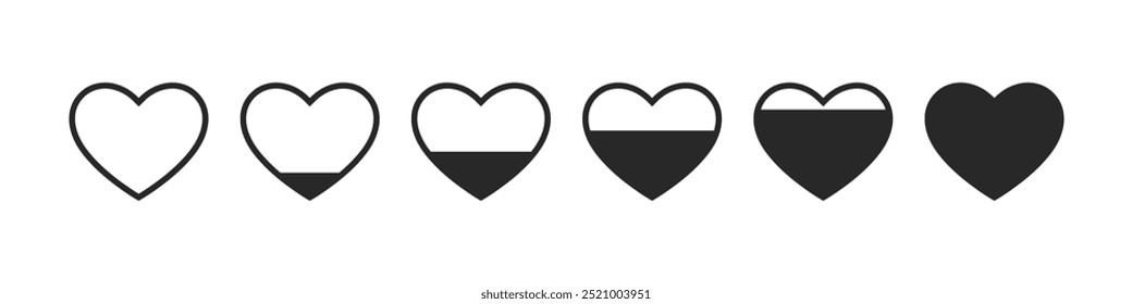 Collection of Heart shape loading progress indicator illustration. Progress bar, level indicator for potion and health, Love loading, filling capacity, download process.