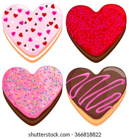 Collection of heart shaped donuts cake desserts. Set of glazed donuts with sprinkles and strawberry chocolate cream icing. Vector illustration 