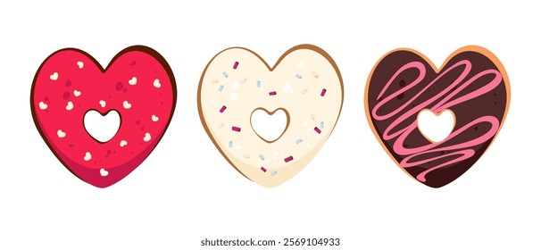 Collection of heart shaped donuts. Elements for Valentine's Day, Birthday. Vector illustration.