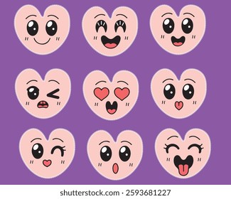Collection of heart Shaped Emoji Stickers. Cute and funny expressions.