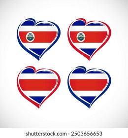 The collection of heart shaped icons with Costa Rican flag background and isolated clipping mask. Hloiday, sports or business logo template. Abstract heart shape. Editable design. Set of clip arts.