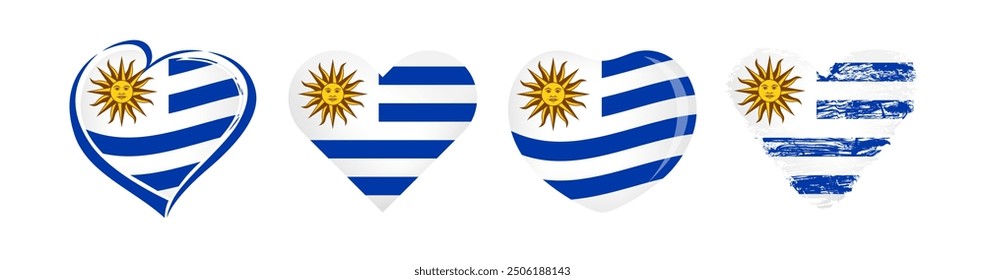 Collection of heart shaped labels with flag of Uruguay and isolated clipping mask. Uruguayan Independence Day celebrating element. Travel symbol. Welcome to Uruguay logo concept. T shirt graphic.