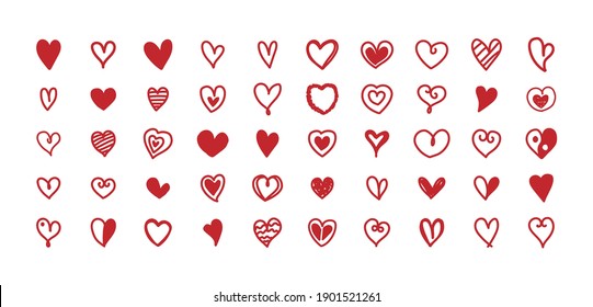 Collection of heart shapes draw the hand. Set of scribble red hearts icon. Symbol of love. Design elements for Valentine's Day cards. Vector hearts. Doodle. Vector illustration.