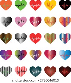 Colección de Formas cardíacas con líneas de electrocardiograma en varios colores. Conjunto de corazones brillantes